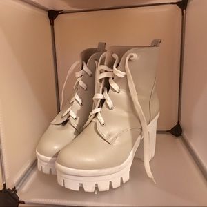 Lace up chunky beige heels